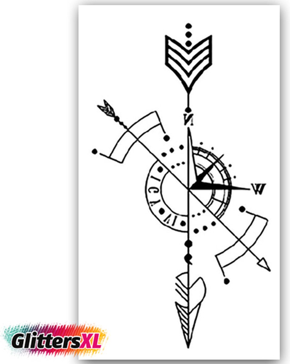 GlittersXL - Temporary Tattoo Kompas (11x6cm) [Neptattoo - Tijdelijke tatoeage - Nep Fake Tattoos - Water overdraagbare festival sticker henna outfit tattoo - Glitter tattoo - Volwassenen Kinderen Jongen Meisje]
